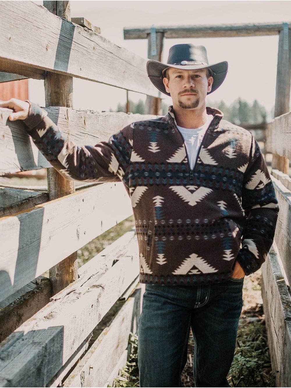 Men's Brown Geometric Quarter-Zip Sweater - Casual Western Style